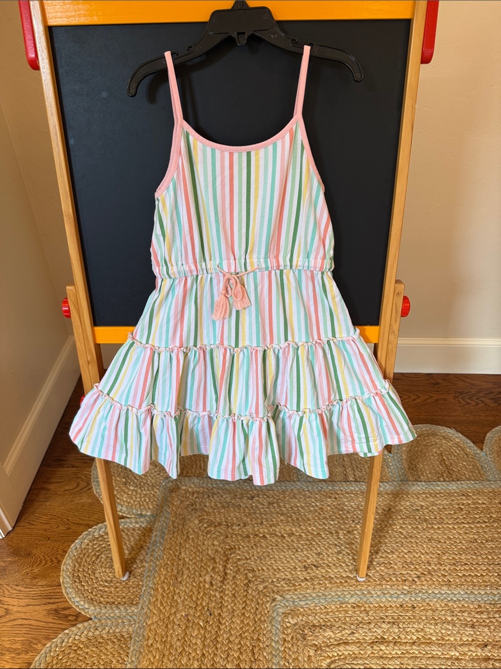 Girls' Pastel Multi-Stripe Tassel Tier Dress - Pink Trim